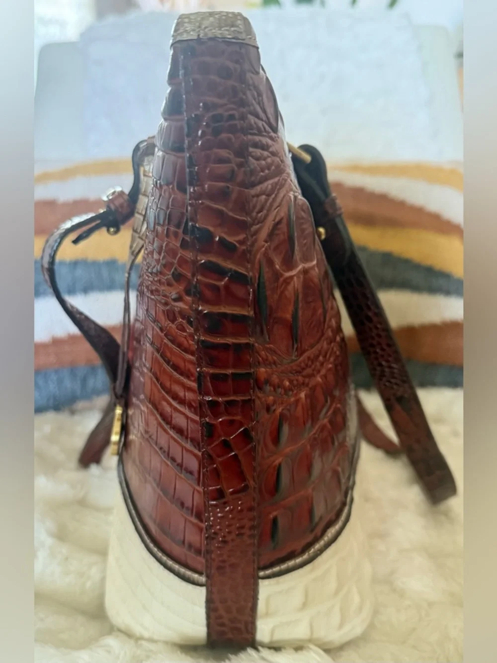 Brahmin Asher Tote Pecan Cream Croc Embossed Leather Bag VGUC - Picture 9 of 16